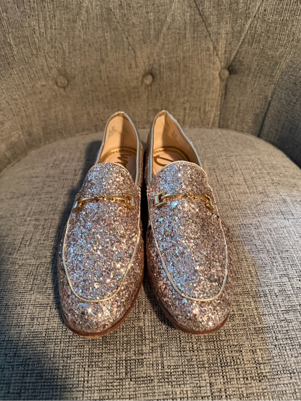 Sam Edelman Glitter Loafer Flats in Rose Gold with Gold Bit Detail